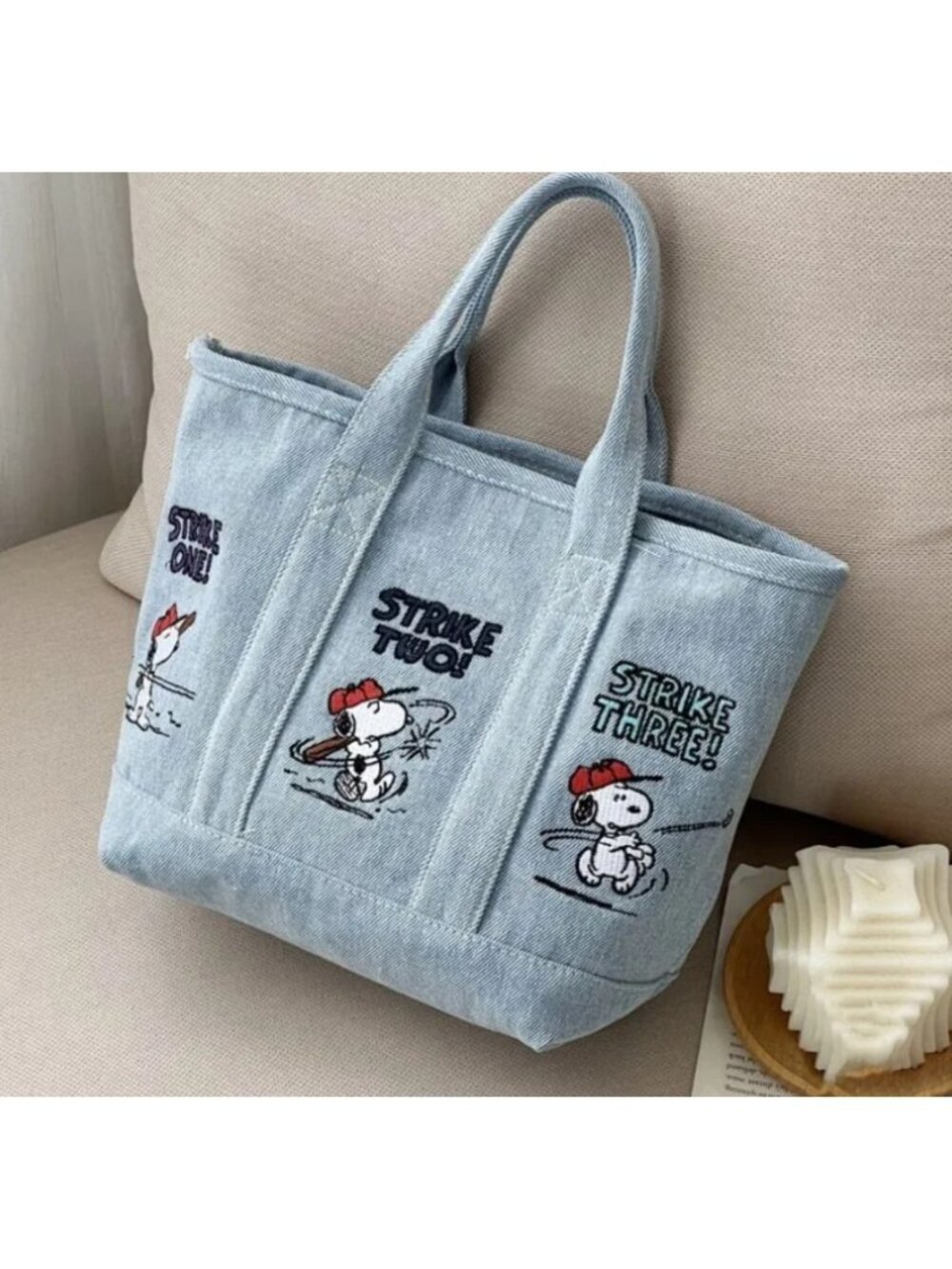 Snoopy Embroidered Denim Tote Bag Lunch Bag Mini Shopper Purse Blue